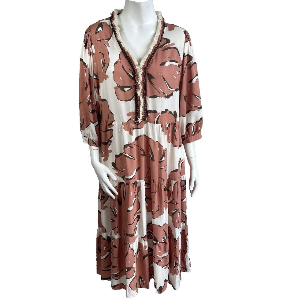 Rose & Everly West Palm Fringe Tiered Midi Dress L Fairy Earthy Boho Cottage‎